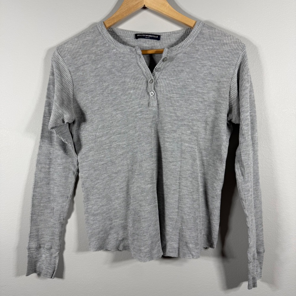 Brandy Melville Waffle Knit Henley Top Heather Gray One Size